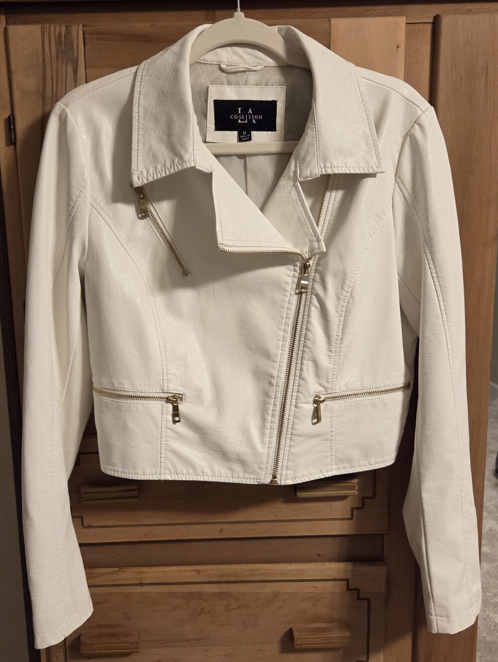 LA Coalition White Faux Leather Asymmetrical Moto Jacket